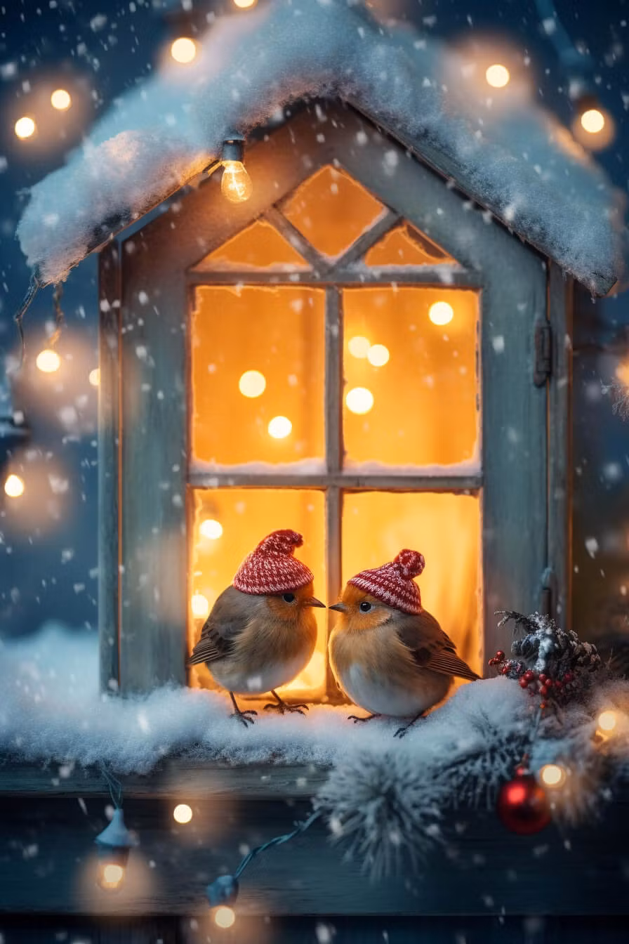 Dubbelt vinterkort med kuvert - Fåglar med mössa (Fraktfritt)