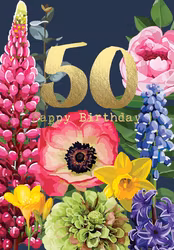 Dubbelt kort med kuvert - 50 år - Färgstarka blommor (Fraktfritt)