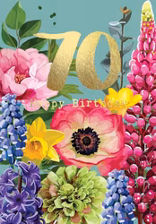 Dubbelt kort med kuvert - 70 år - Färgstarka blommor (Fraktfritt)