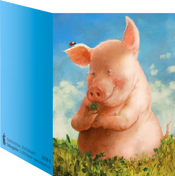 Litet kort med kuvert - Grisen med lyckoklöver (Fraktfritt)