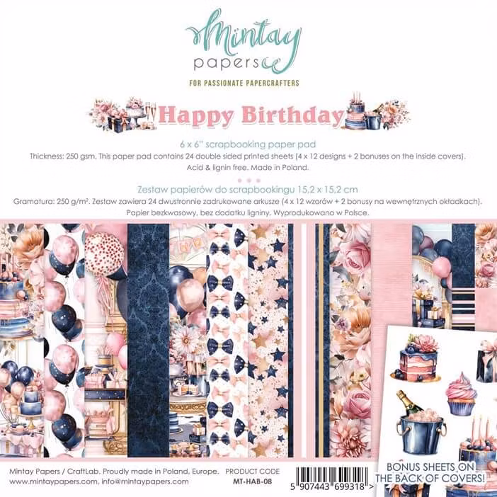 Vackra pysselpapper - Happy Birthday (24 ark) 15 x 15 cm