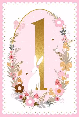 Dubbelt kort med kuvert - Första, rosa, födelsedagen (Fraktfritt)