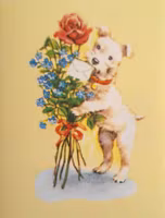 Litet kort med kuvert - Hund med blombukett (Fraktfritt)