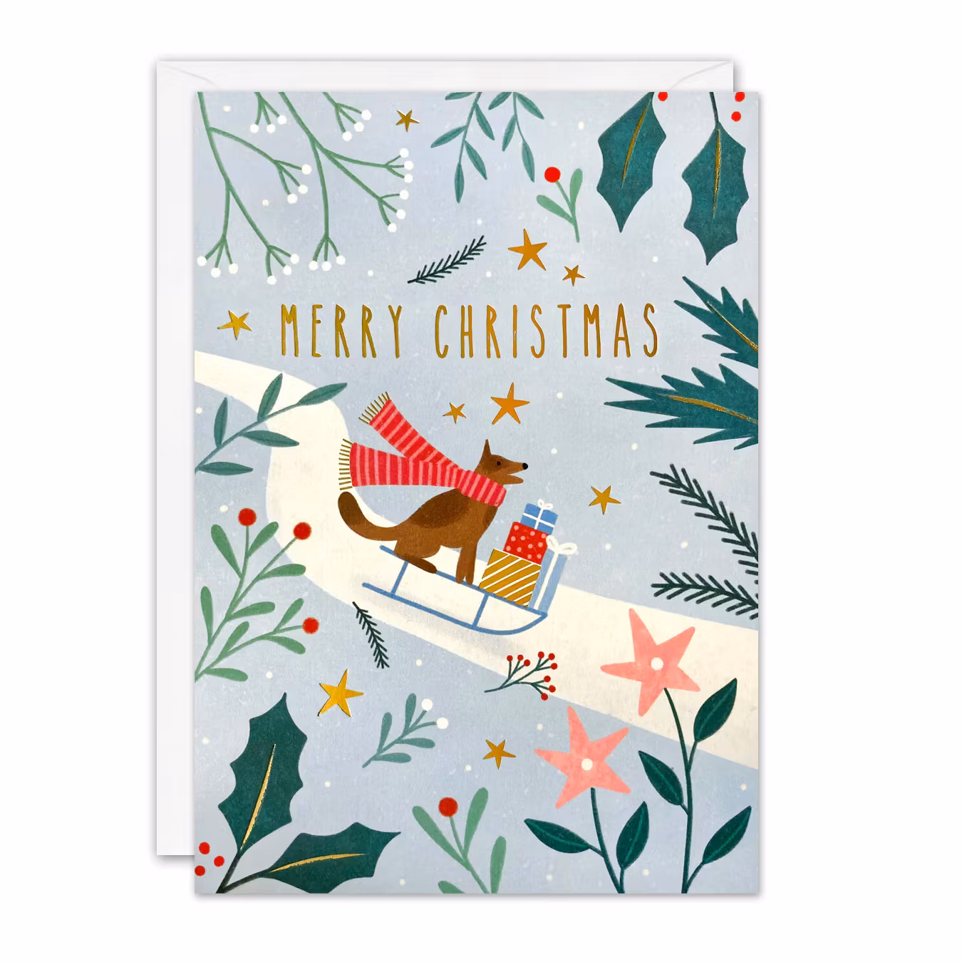 Lite mindre dubbelt julkort med kuvert - Hunden på kälken (Fraktfritt)