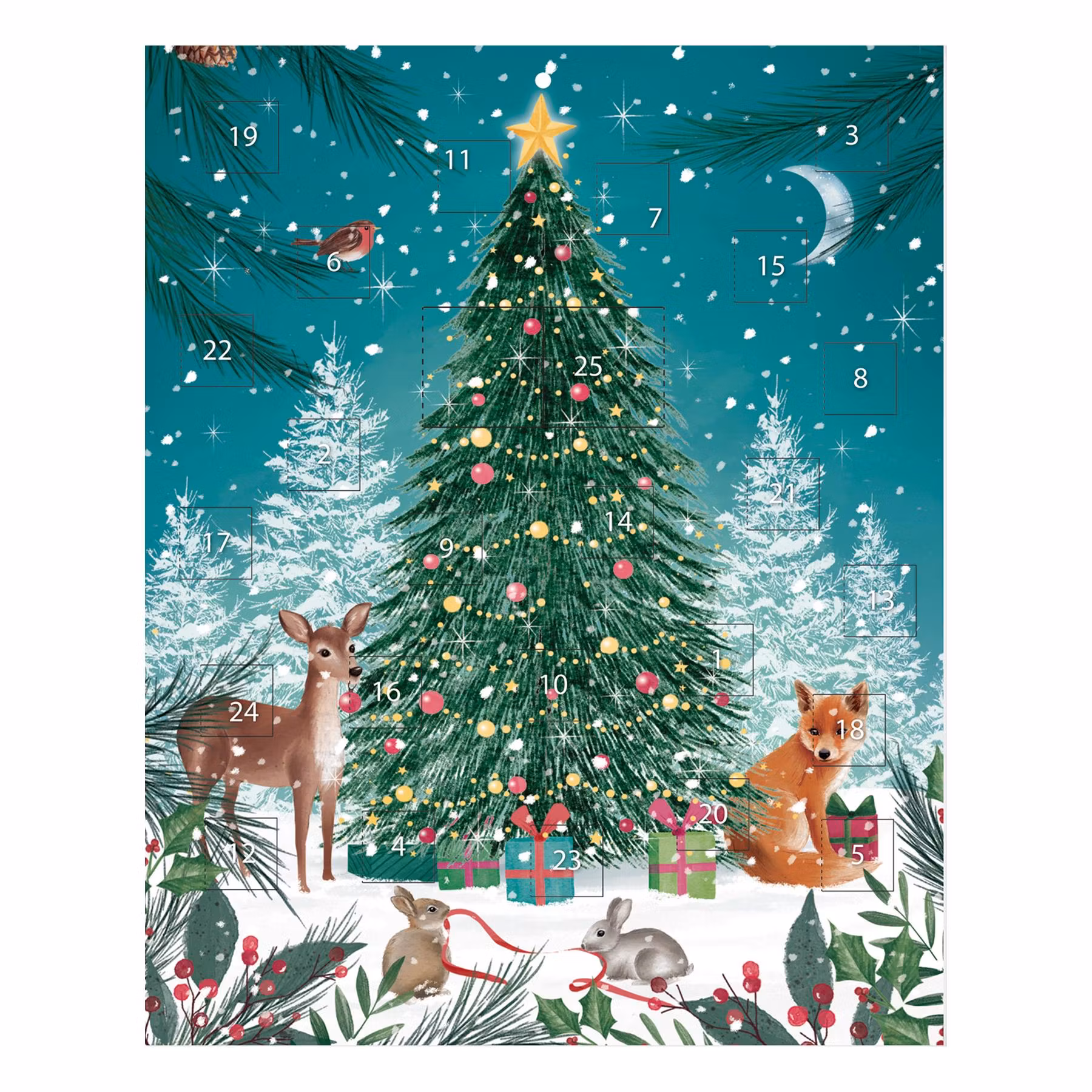 Adventskalender A4 - Skogens djur vid julgranen (Fraktfritt)