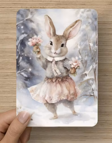 Enkelt vinterkort - Kaninens blomsterhälsning (Fraktfritt)