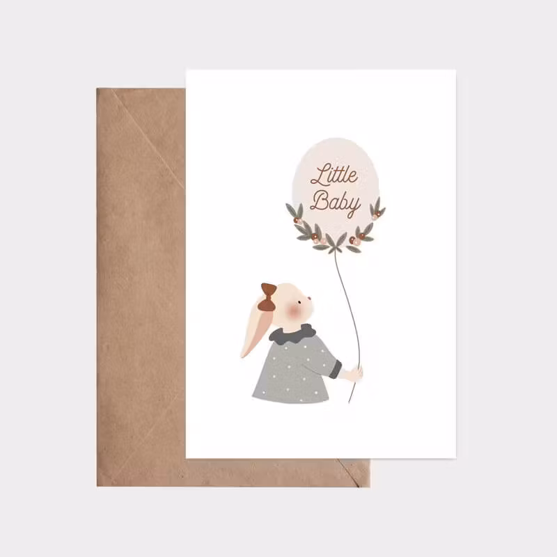 Enkelt kort med kuvert - Kaninballong - Ljus (Fraktfritt)