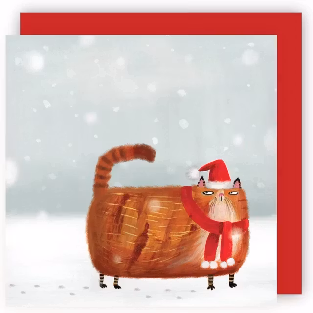 Dubbelt julkort med kuvert - Julkatt i snön (Fraktfritt)