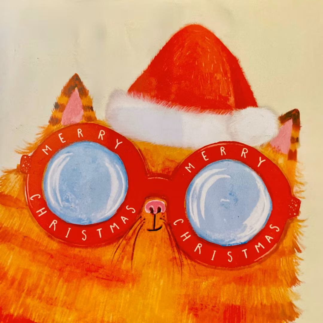 Dubbelt julkort med kuvert - Katt med julglasögon (Fraktfritt)