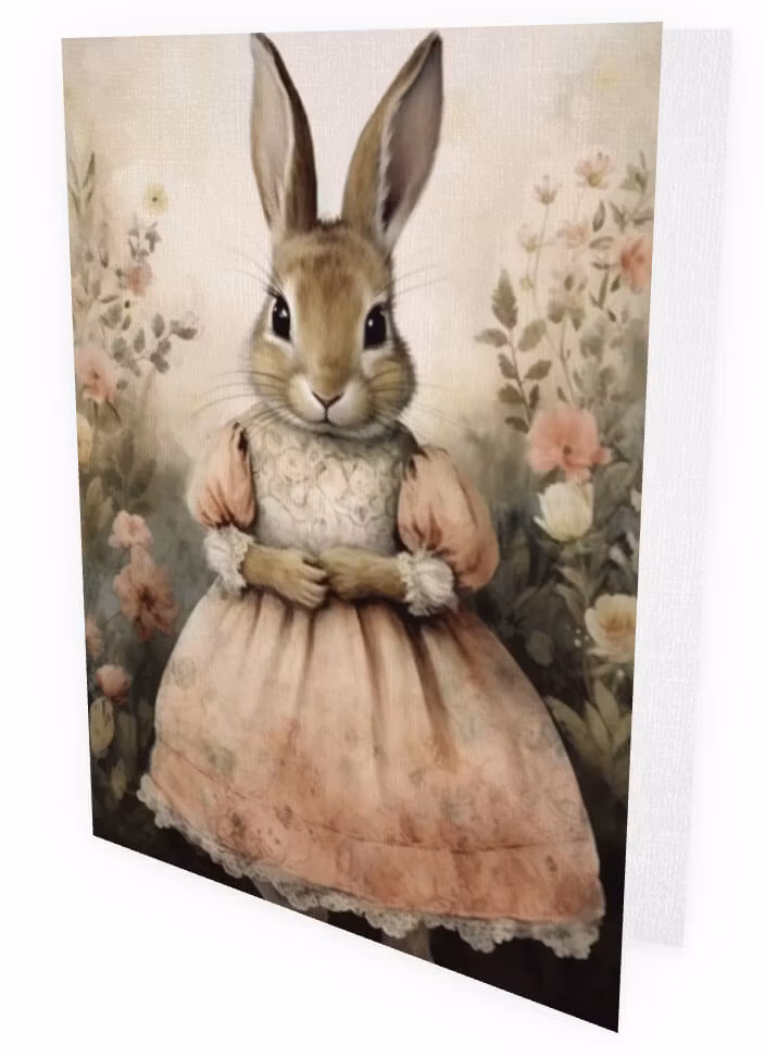 Dubbelt kort med kuvert - Kanin i rosa klänning (Fraktfritt)
