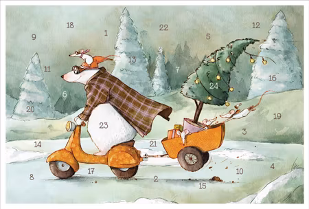 Liten Adventskalender som julkort - Granen på släp (Fraktfritt)