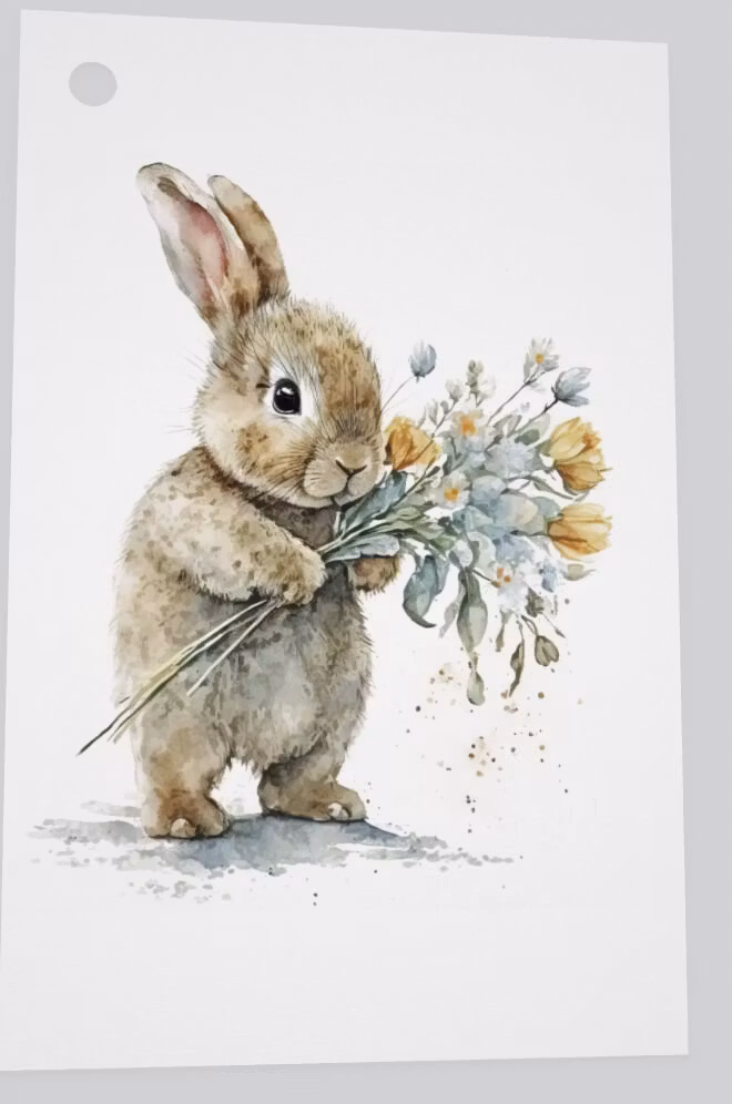 Litet kort utan kuvert - Kanin med blommor (Fraktfritt)