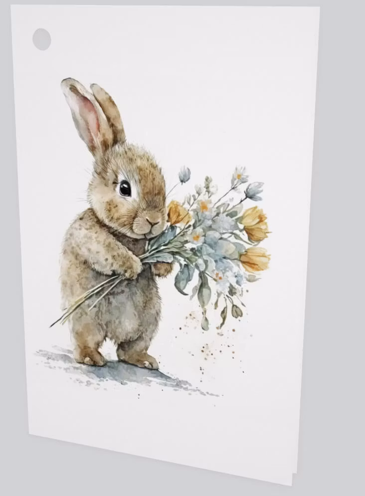 Litet kort utan kuvert - Kanin med blommor (Fraktfritt)