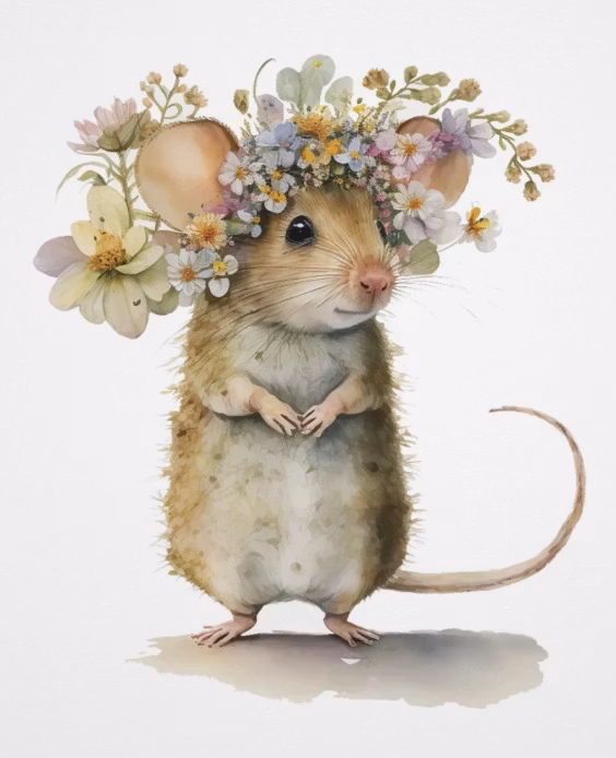 Litet kort utan kuvert - Musen med blomsterkransen (Fraktfritt)