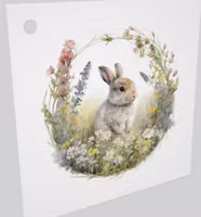 Litet kort utan kuvert - Kanin på blomsteräng (Fraktfritt)