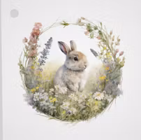 Litet kort utan kuvert - Kanin på blomsteräng (Fraktfritt)