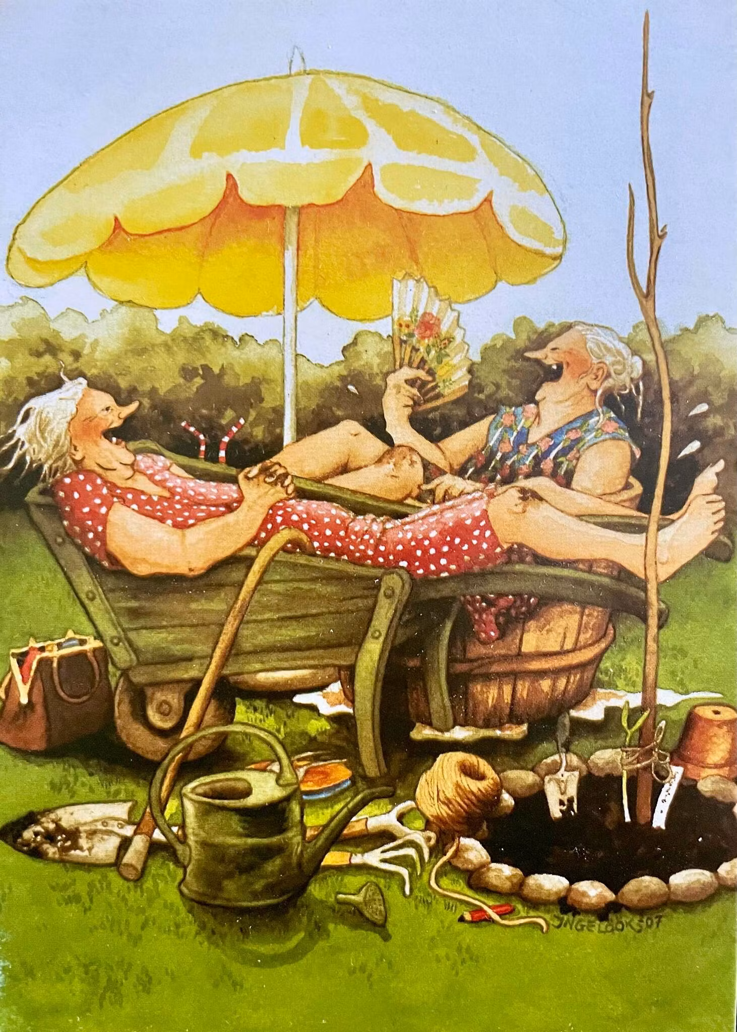 Enkelt Kort - Lyckliga damer - Paus i skottkärran (Fraktfritt)