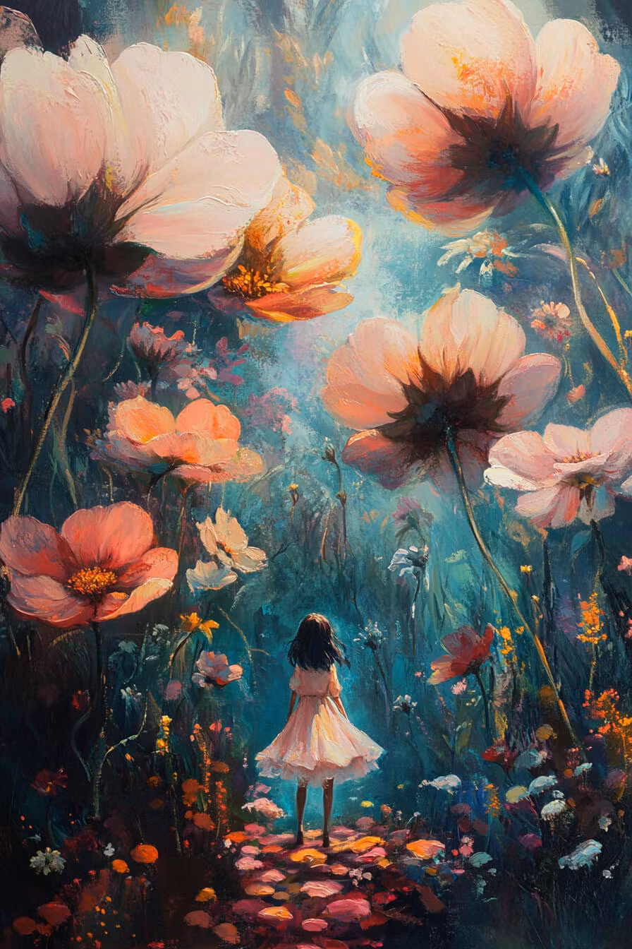 Dubbelt kort med kuvert - Magiska blommorna och flickan (Fraktfritt)