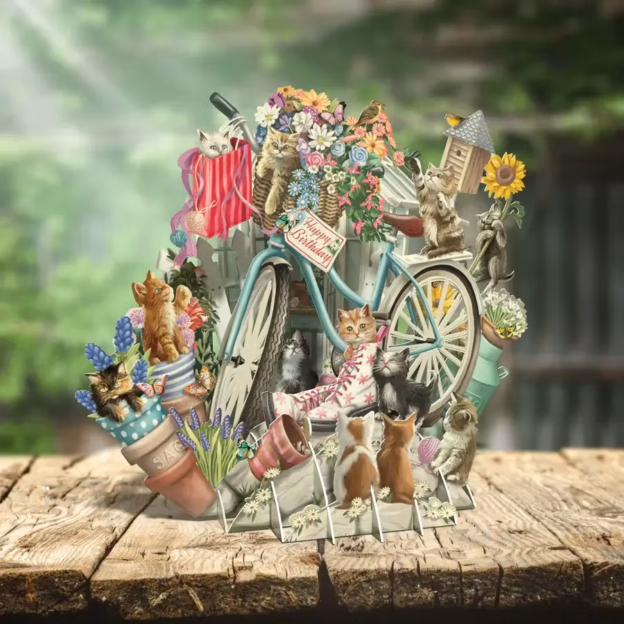 Magiskt gratulationskort - Kattungar vid cykeln (Fraktfritt)