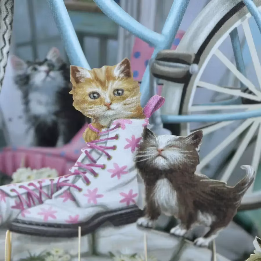 Magiskt gratulationskort - Kattungar vid cykeln (Fraktfritt)