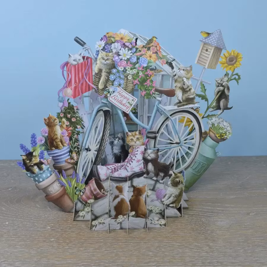 Magiskt gratulationskort - Kattungar vid cykeln (Fraktfritt)
