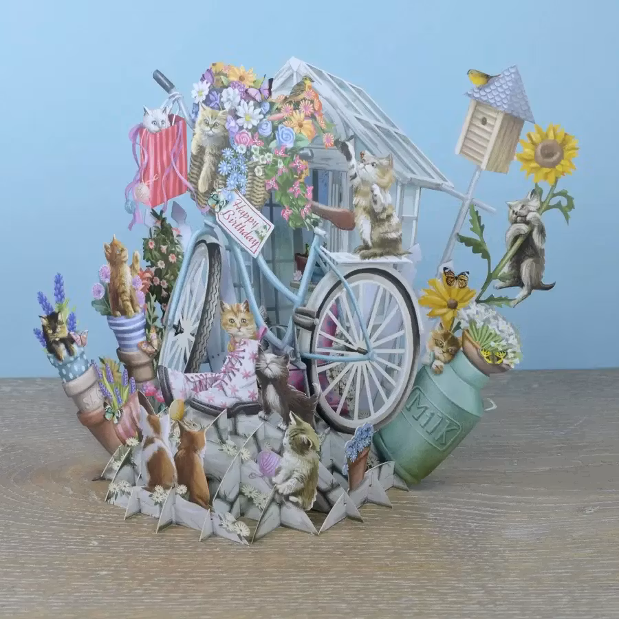 Magiskt gratulationskort - Kattungar vid cykeln (Fraktfritt)