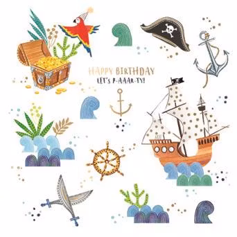 Dubbelt kort (guld) med kuvert - Piratgrattis (Fraktfritt)