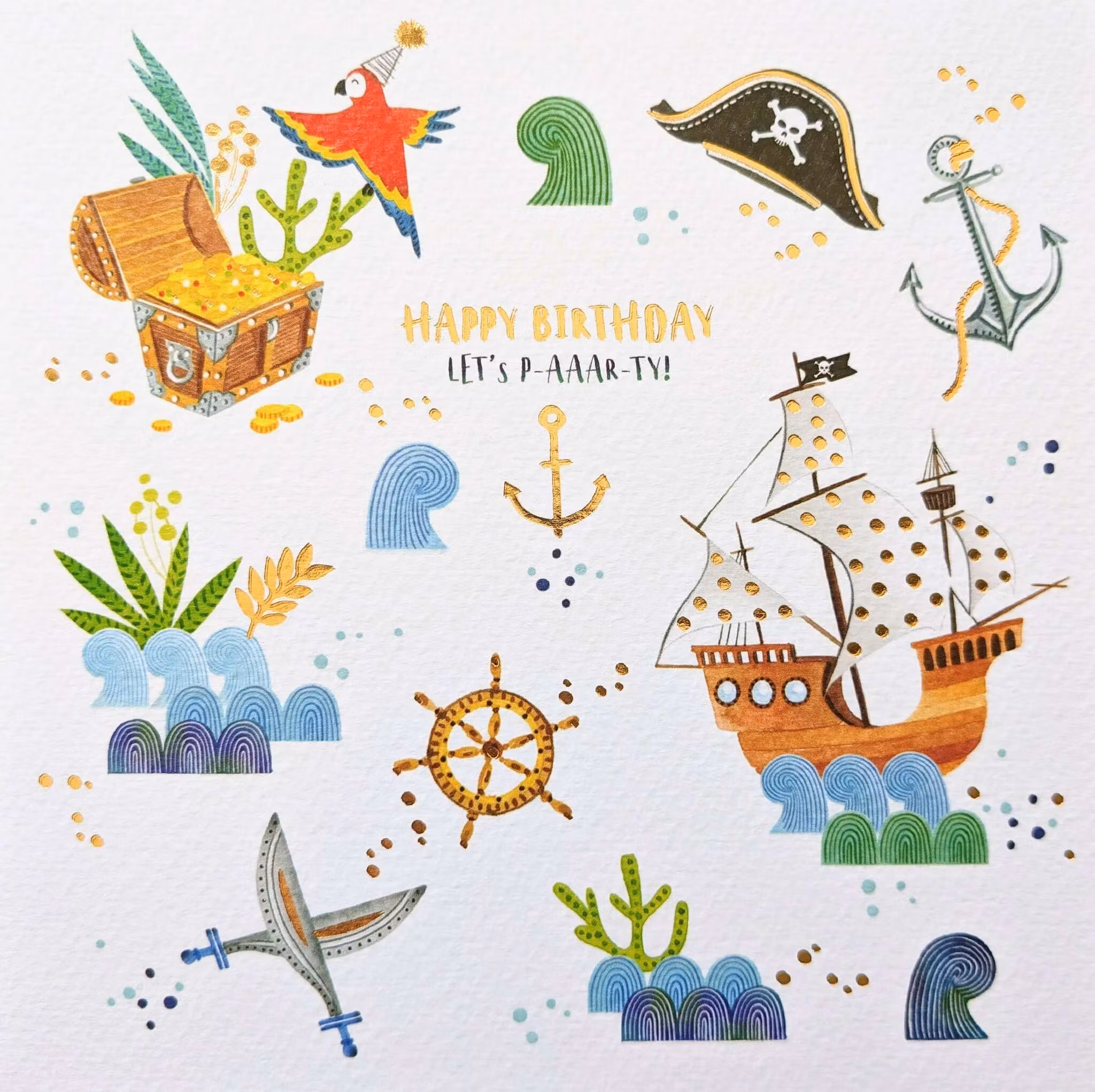 Dubbelt kort (guld) med kuvert - Piratgrattis (Fraktfritt)