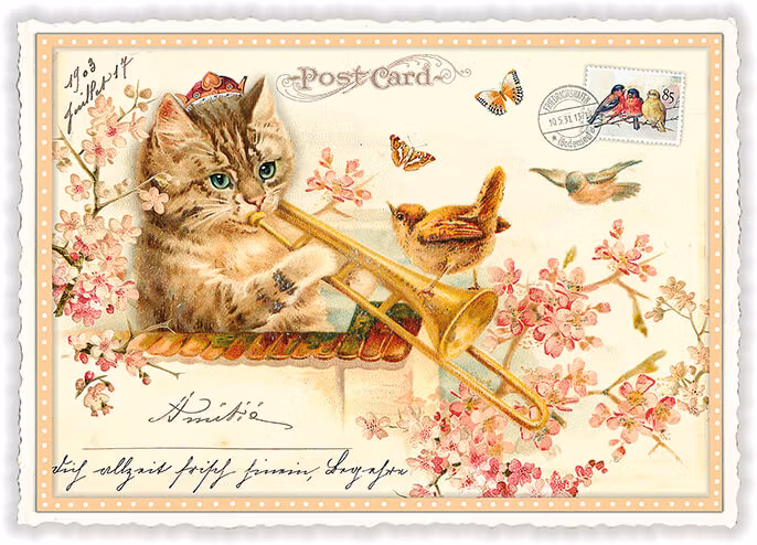 Enkelt kort - Katt med trombon (Fraktfritt)