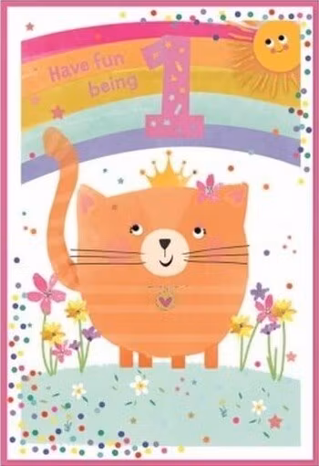 Dubbelt kort med kuvert - 1 år - Katten på ängen (Fraktfritt)