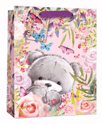 Större presentpåse - Nalle bland blommor