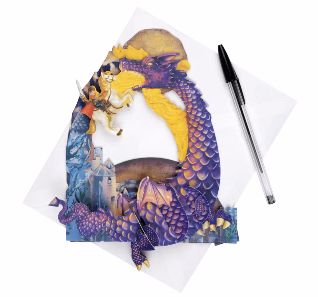 Magiskt gratulationskort med rörliga delar - Riddaren och draken (Fraktfritt)