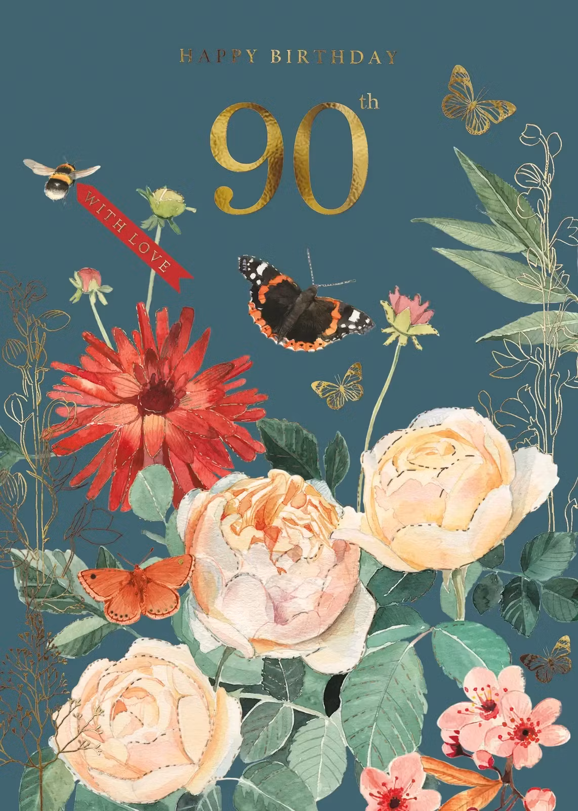 Dubbelt kort med kuvert - 90 år med blommor (Fraktfritt)