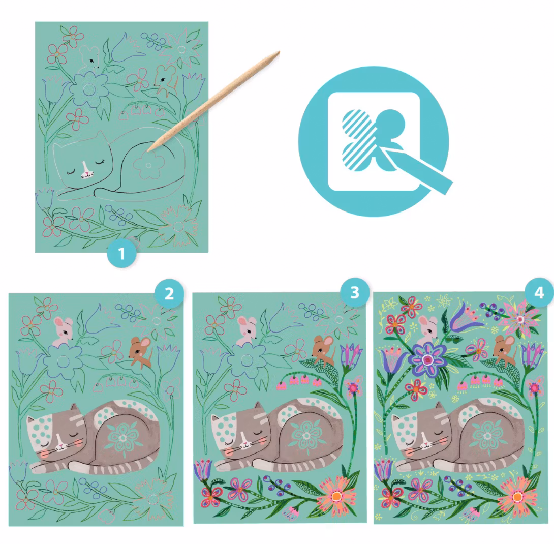 Kladdfritt pyssel - Skrapa fram motiv Katten och hans vänner