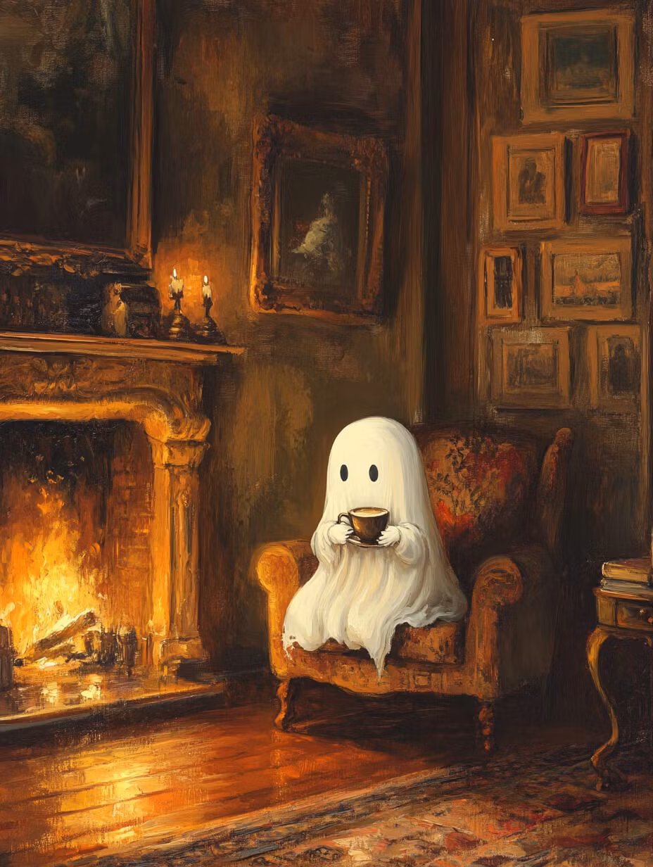 Dubbelt halloweenkort med kuvert - Spöket framför brasan (Fraktfritt)