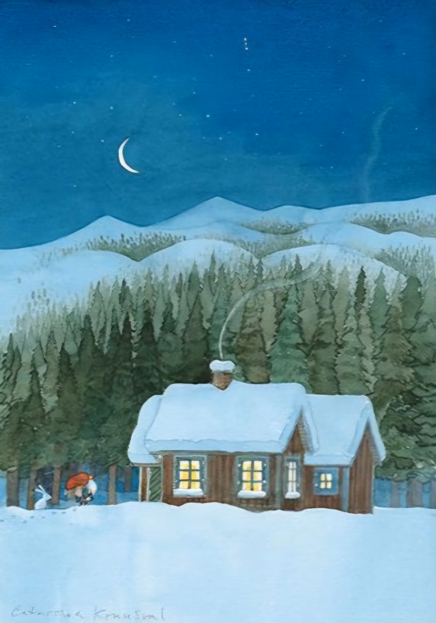 Enkelt julkort - Tomten och stugan (Fraktfritt)