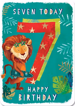 Dubbelt kort med kuvert - 7År Lejon med Skateboard (Fraktfritt)