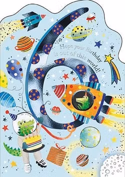 Dubbelt kort med kuvert - 6 år Krokodiler i rymden (Fraktfritt)