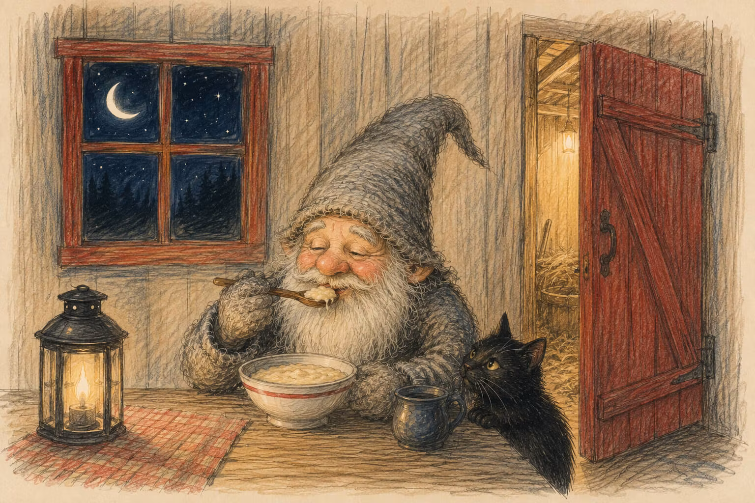 Enkelt julkort utan kuvert - Tomten och kissen (Fraktfritt)