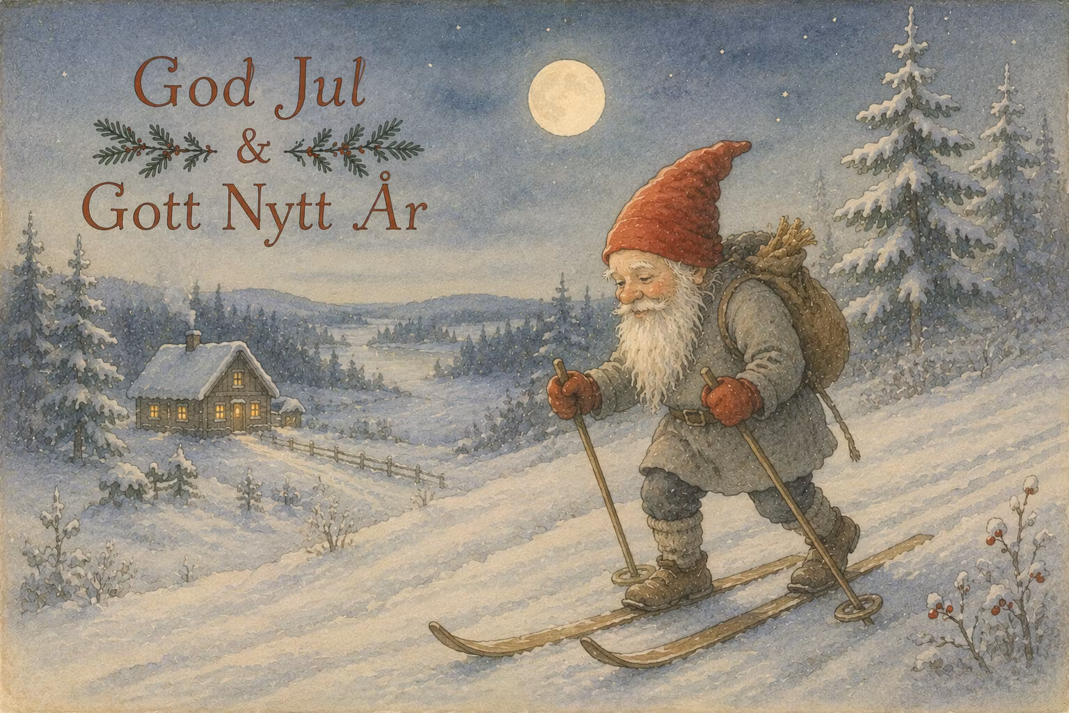 Enkelt julkort utan kuvert - Tomten på skidor (Fraktfritt)