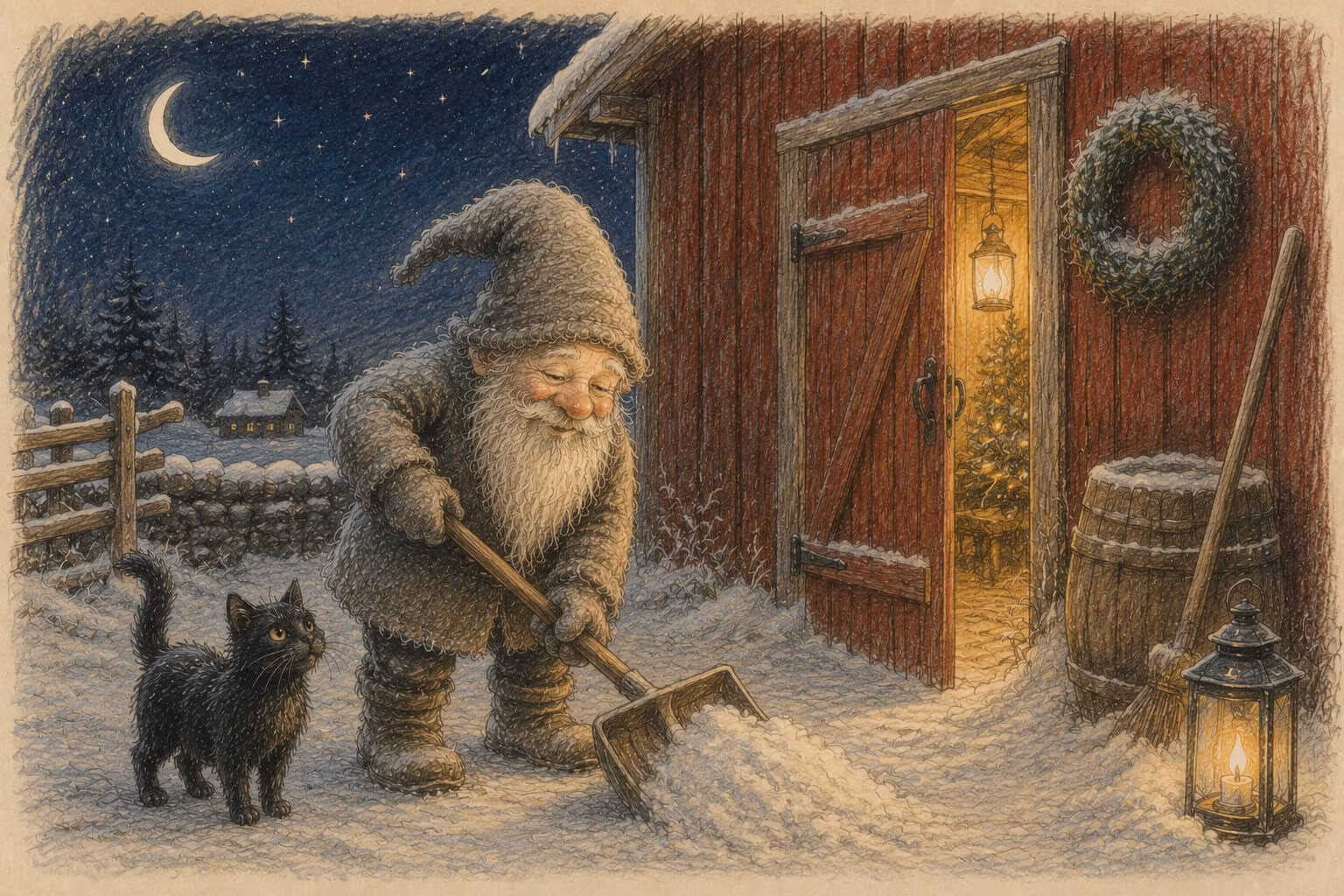 Enkelt julkort utan kuvert - Tomten skottar snö (Fraktfritt)