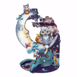 Magiskt gratulationskort med rörliga delar - Ugglan på månen (Fraktfritt)