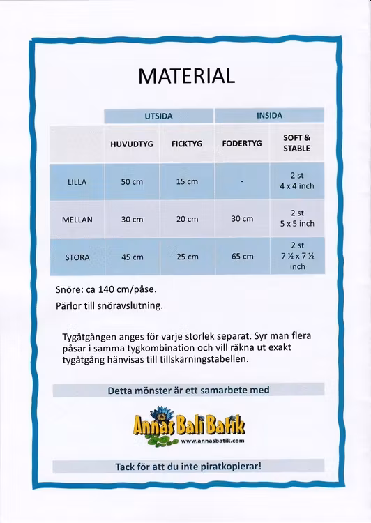 Mönster "Annas Balipåsar" Jättetrevlig och användbar påse i 3 storlekar