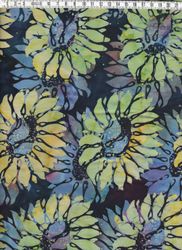 Solrosor på solrosor.  Mörk flammig botten. Batiktyg från Bali