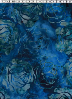 "Rose Garden". Nu i läckra blåa färger. Viskosbatik 130 cm bred