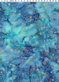 Blåflammigt med guldstjärnor. Bomull. Bredd ca 110 cm
