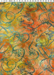 Snirkligt bladmönster i orange och grönt – Viskos Batik 110 cm bred