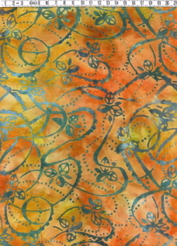 Snirkligt bladmönster i orange och grönt – Viskos Batik 110 cm bred