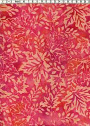 Röd-cerise-lila-beige med löv. Viskosbatik 110 cm bred