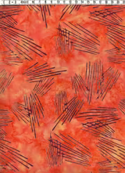 Eldigt orange med mörklila plockepinn. Batik bomull 110 cm